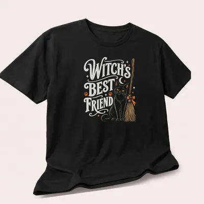 Vintage illustration of a black cat on a broom with Halloween text — printed on a unisex t-shirt (angled view)