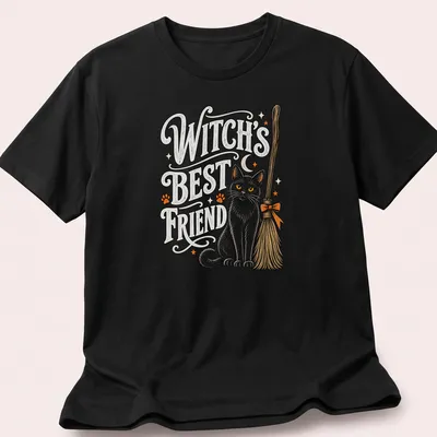 Vintage illustration of a black cat on a broom with Halloween text