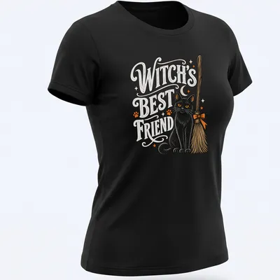 Vintage illustration of a black cat on a broom with Halloween text — printed on a women's shirt