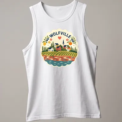 Vibrant folk art of Wolfville's scenic town landscape with colorful elements. — printed on a tank top