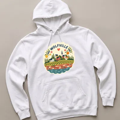 Vibrant folk art of Wolfville's scenic town landscape with colorful elements. — printed on a unisex hoodie