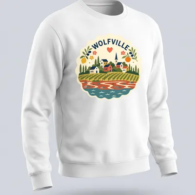 Vibrant folk art of Wolfville's scenic town landscape with colorful elements. — printed on a unisex sweatshirt