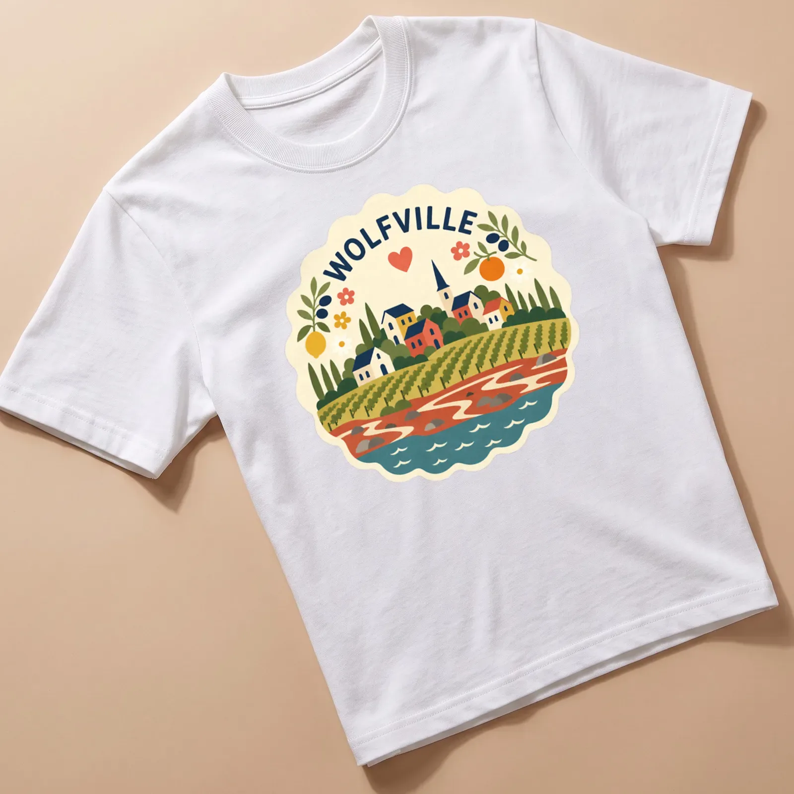 Vibrant folk art of Wolfville's scenic town landscape with colorful elements. — printed on a unisex t-shirt