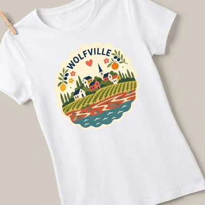 Vibrant folk art of Wolfville's scenic town landscape with colorful elements. — printed on a women's shirt