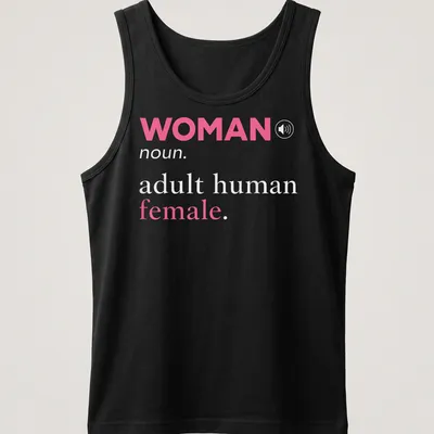 Modern typography t-shirt featuring the definition of 'woman' in pink and gray — printed on a tank top