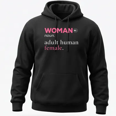Modern typography t-shirt featuring the definition of 'woman' in pink and gray — printed on a unisex hoodie