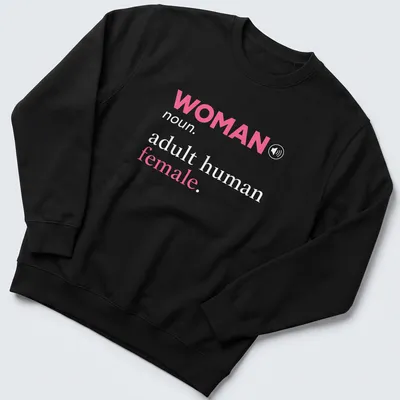 Modern typography t-shirt featuring the definition of 'woman' in pink and gray — printed on a unisex sweatshirt