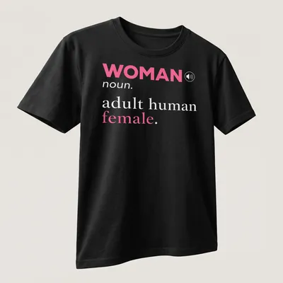 Modern typography t-shirt featuring the definition of 'woman' in pink and gray — printed on a unisex t-shirt (angled view)