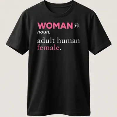 Modern typography t-shirt featuring the definition of 'woman' in pink and gray