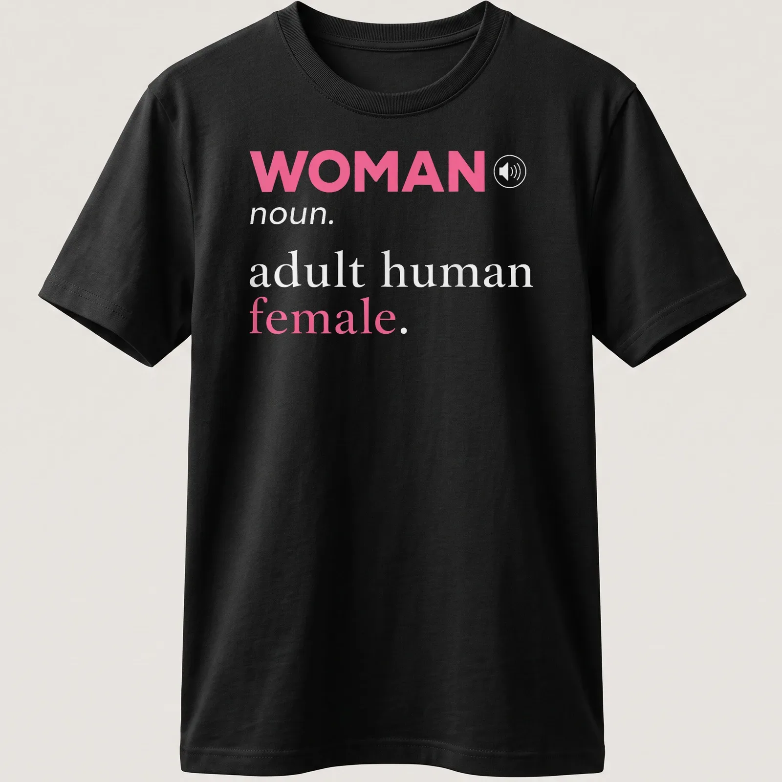 Modern typography t-shirt featuring the definition of 'woman' in pink and gray — printed on a unisex t-shirt