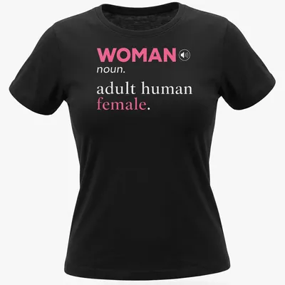 Modern typography t-shirt featuring the definition of 'woman' in pink and gray — printed on a women's shirt