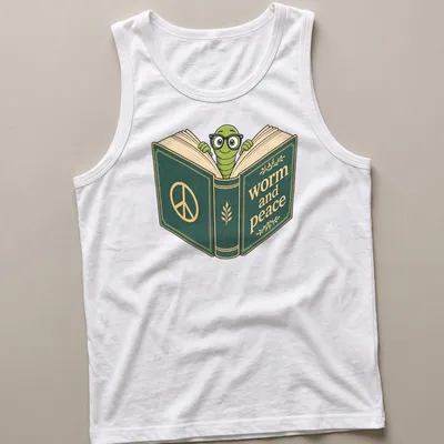 Cartoon bookworm graphic t-shirt with the text 'worm and peace' above it — printed on a tank top
