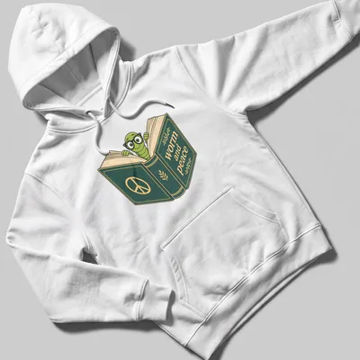 Cartoon bookworm graphic t-shirt with the text 'worm and peace' above it — printed on a unisex hoodie
