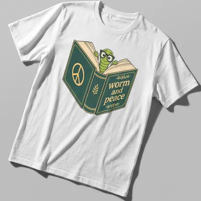 Cartoon bookworm graphic t-shirt with the text 'worm and peace' above it — printed on a unisex t-shirt