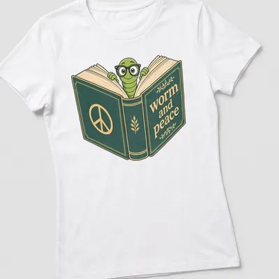 Cartoon bookworm graphic t-shirt with the text 'worm and peace' above it — printed on a women's shirt