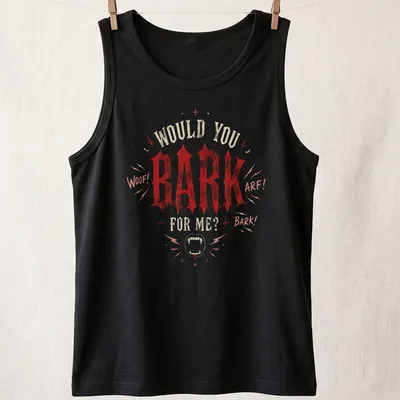 Funny goth dog t-shirt with playful text and gothic design elements — printed on a tank top