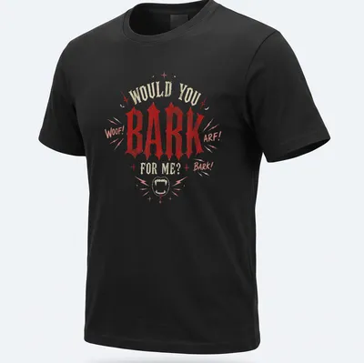 Funny goth dog t-shirt with playful text and gothic design elements