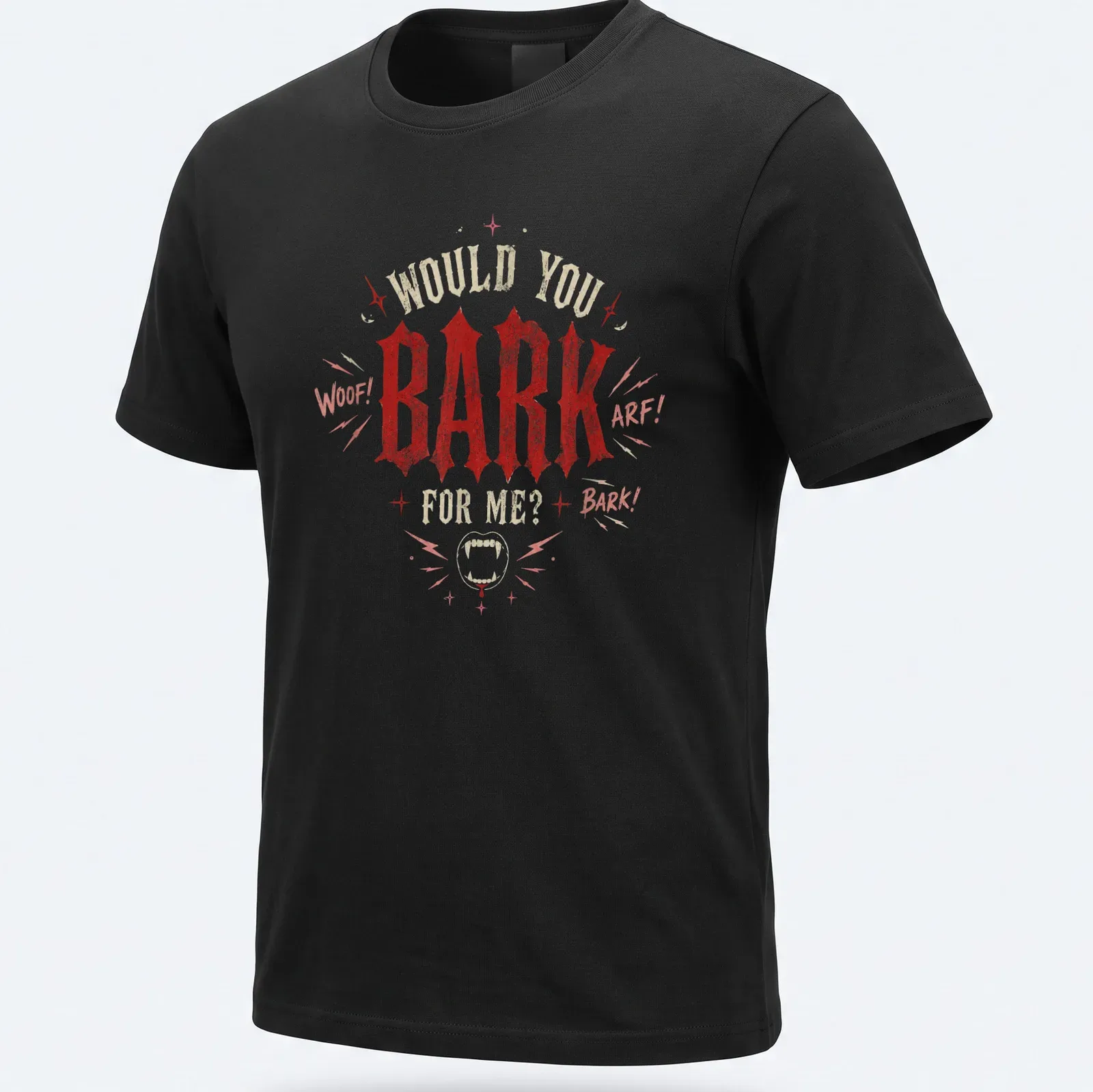 Funny goth dog t-shirt with playful text and gothic design elements — printed on a unisex t-shirt