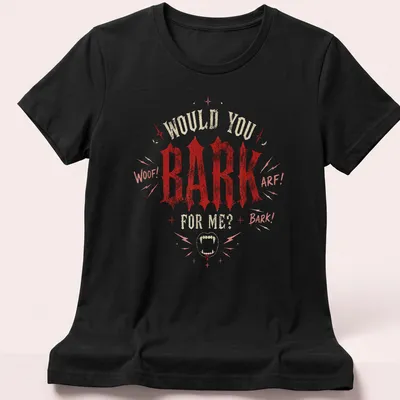 Funny goth dog t-shirt with playful text and gothic design elements — printed on a women's shirt
