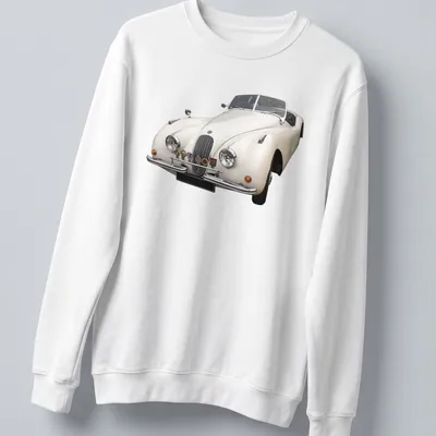 Realistic print of a Jaguar XK 120 with the text XK 120 V2. — printed on a unisex sweatshirt