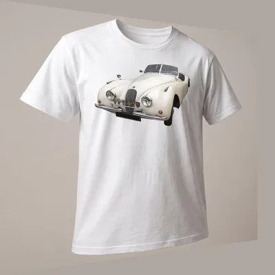 Realistic print of a Jaguar XK 120 with the text XK 120 V2. — printed on a unisex t-shirt (angled view)
