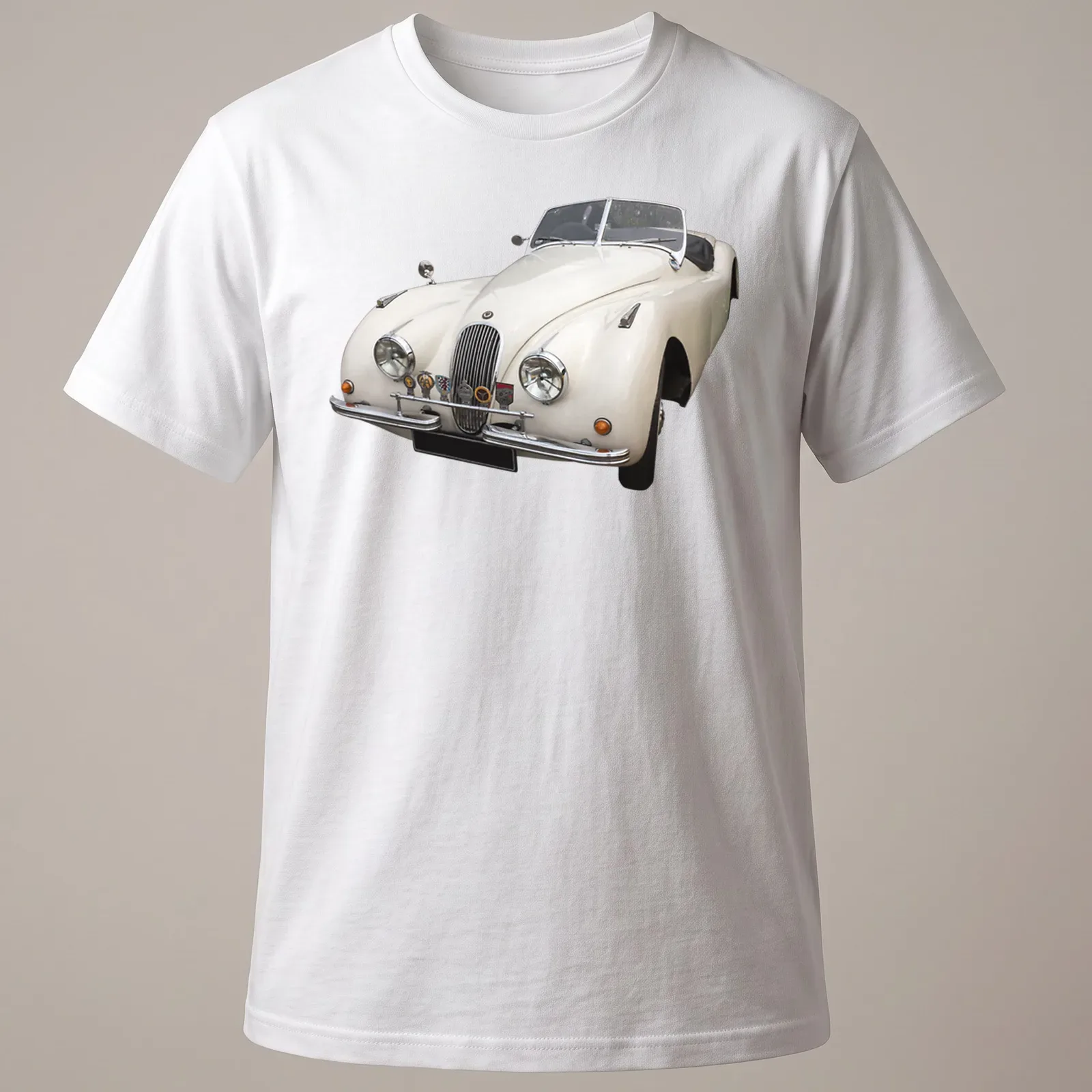 Realistic print of a Jaguar XK 120 with the text XK 120 V2. — printed on a unisex t-shirt