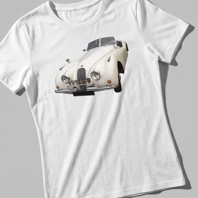 Realistic print of a Jaguar XK 120 with the text XK 120 V2. — printed on a women's shirt