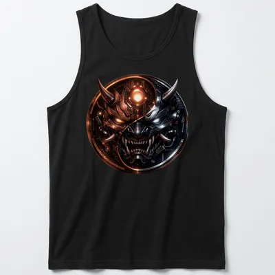 Futuristic cyberpunk Samurai Oni mask in black, silver, orange, and red — printed on a tank top