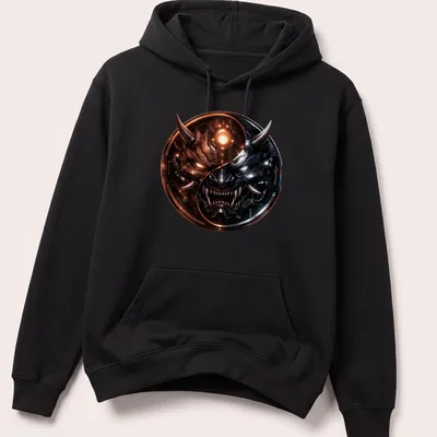 Futuristic cyberpunk Samurai Oni mask in black, silver, orange, and red — printed on a unisex hoodie