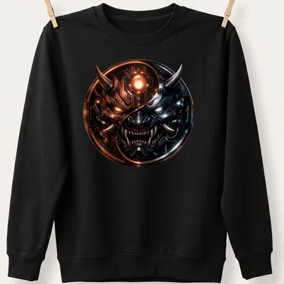 Futuristic cyberpunk Samurai Oni mask in black, silver, orange, and red — printed on a unisex sweatshirt