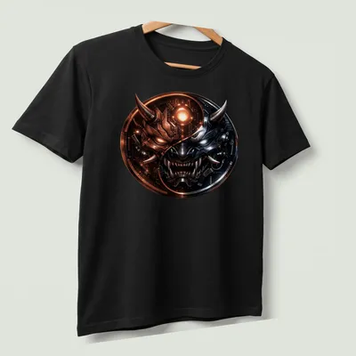 Futuristic cyberpunk Samurai Oni mask in black, silver, orange, and red — printed on a unisex t-shirt (angled view)