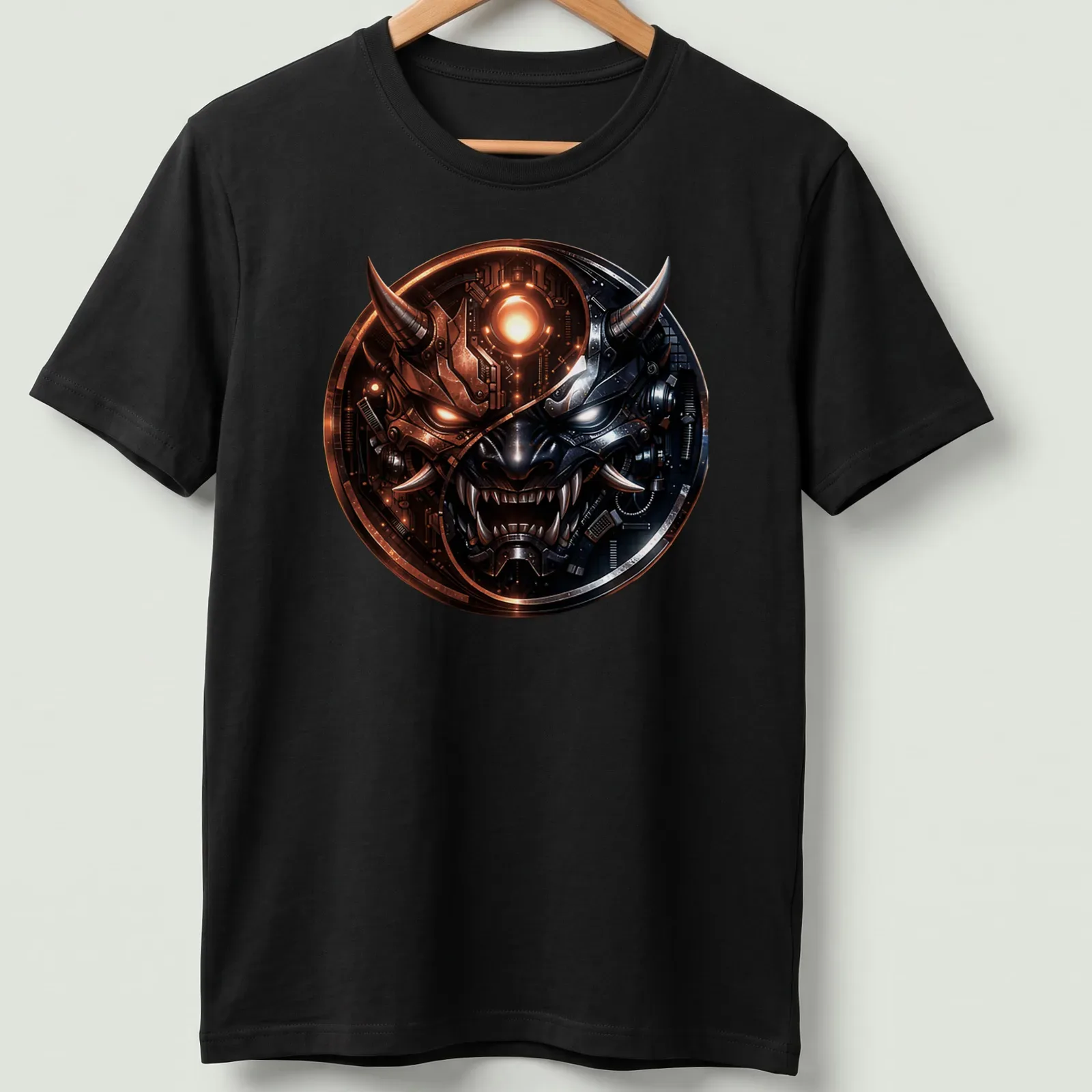 Futuristic cyberpunk Samurai Oni mask in black, silver, orange, and red — printed on a unisex t-shirt