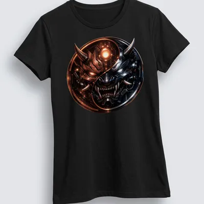 Futuristic cyberpunk Samurai Oni mask in black, silver, orange, and red — printed on a women's shirt
