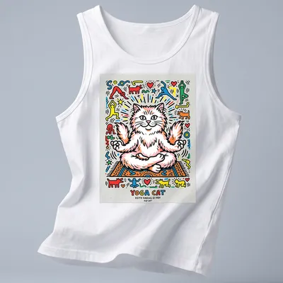 Colorful pop art design featuring a Persian cat and the phrase Yoga Cat — printed on a tank top