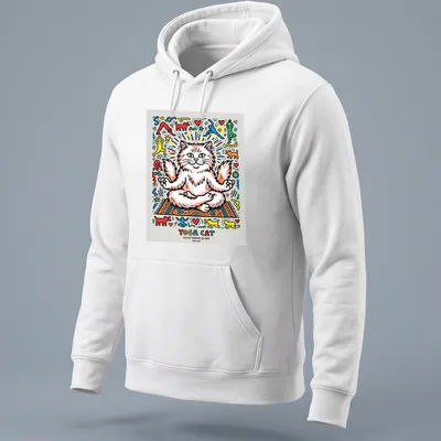 Colorful pop art design featuring a Persian cat and the phrase Yoga Cat — printed on a unisex hoodie