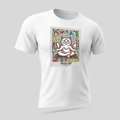 Colorful pop art design featuring a Persian cat and the phrase Yoga Cat — printed on a unisex t-shirt (angled view)