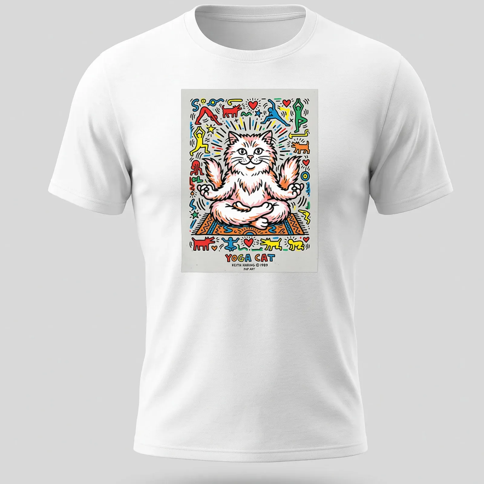 Colorful pop art design featuring a Persian cat and the phrase Yoga Cat — printed on a unisex t-shirt