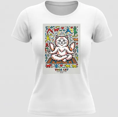 Colorful pop art design featuring a Persian cat and the phrase Yoga Cat — printed on a women's shirt