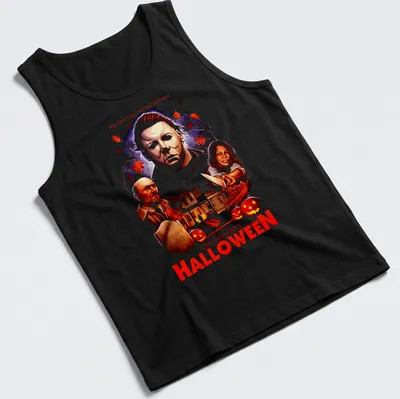 Vintage horror shirt featuring Michael Myers with bold text about Halloween. — printed on a tank top