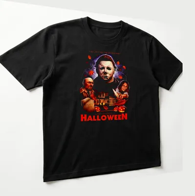 Vintage horror shirt featuring Michael Myers with bold text about Halloween. — printed on a unisex t-shirt (angled view)