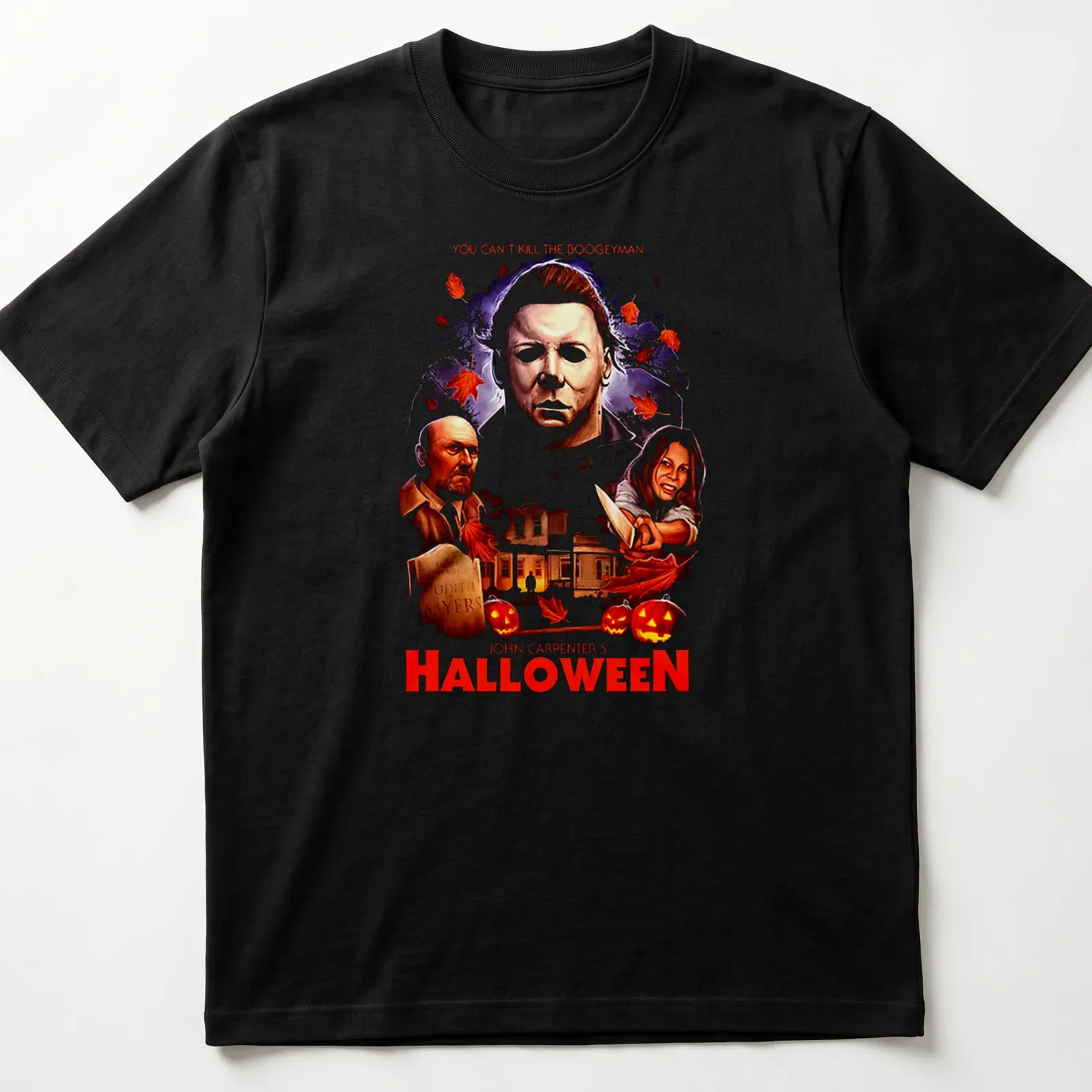 Vintage horror shirt featuring Michael Myers with bold text about Halloween. — printed on a unisex t-shirt