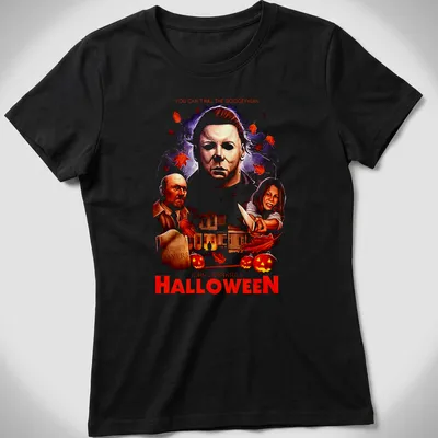 Vintage horror shirt featuring Michael Myers with bold text about Halloween. — printed on a women's shirt