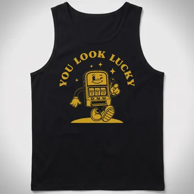 Retro design featuring a slot machine character with the text 'You Look Lucky' — printed on a tank top