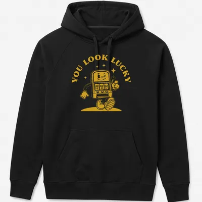 Retro design featuring a slot machine character with the text 'You Look Lucky' — printed on a unisex hoodie