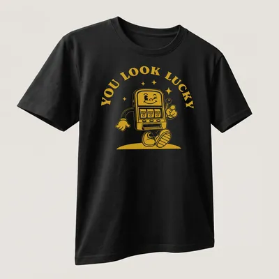 Retro design featuring a slot machine character with the text 'You Look Lucky' — printed on a unisex t-shirt (angled view)
