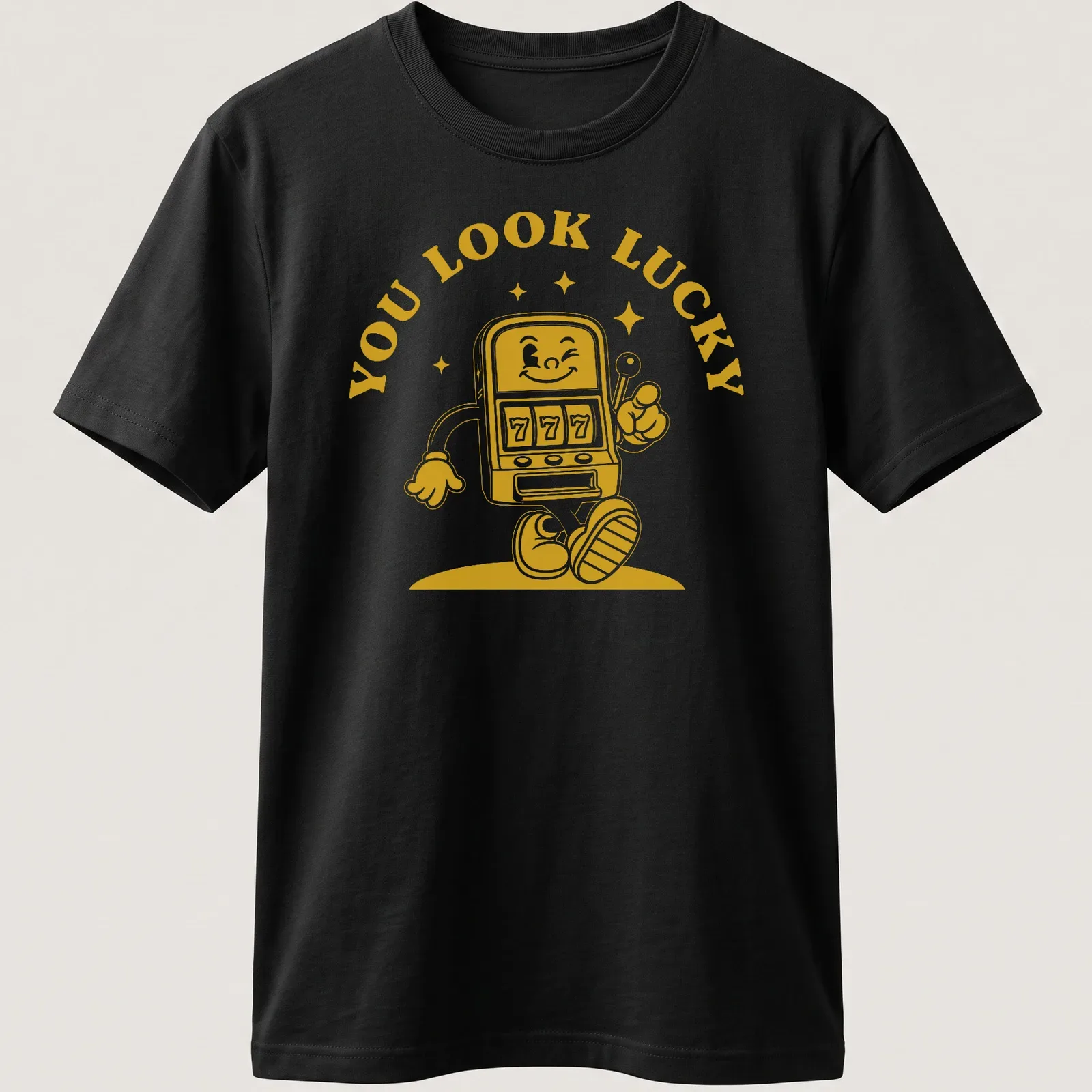 Retro design featuring a slot machine character with the text 'You Look Lucky' — printed on a unisex t-shirt