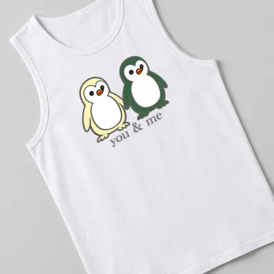 Cute cartoon of two penguins holding flippers with text above. — printed on a tank top