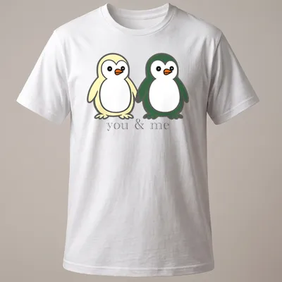 Cute cartoon of two penguins holding flippers with text above. — printed on a unisex t-shirt