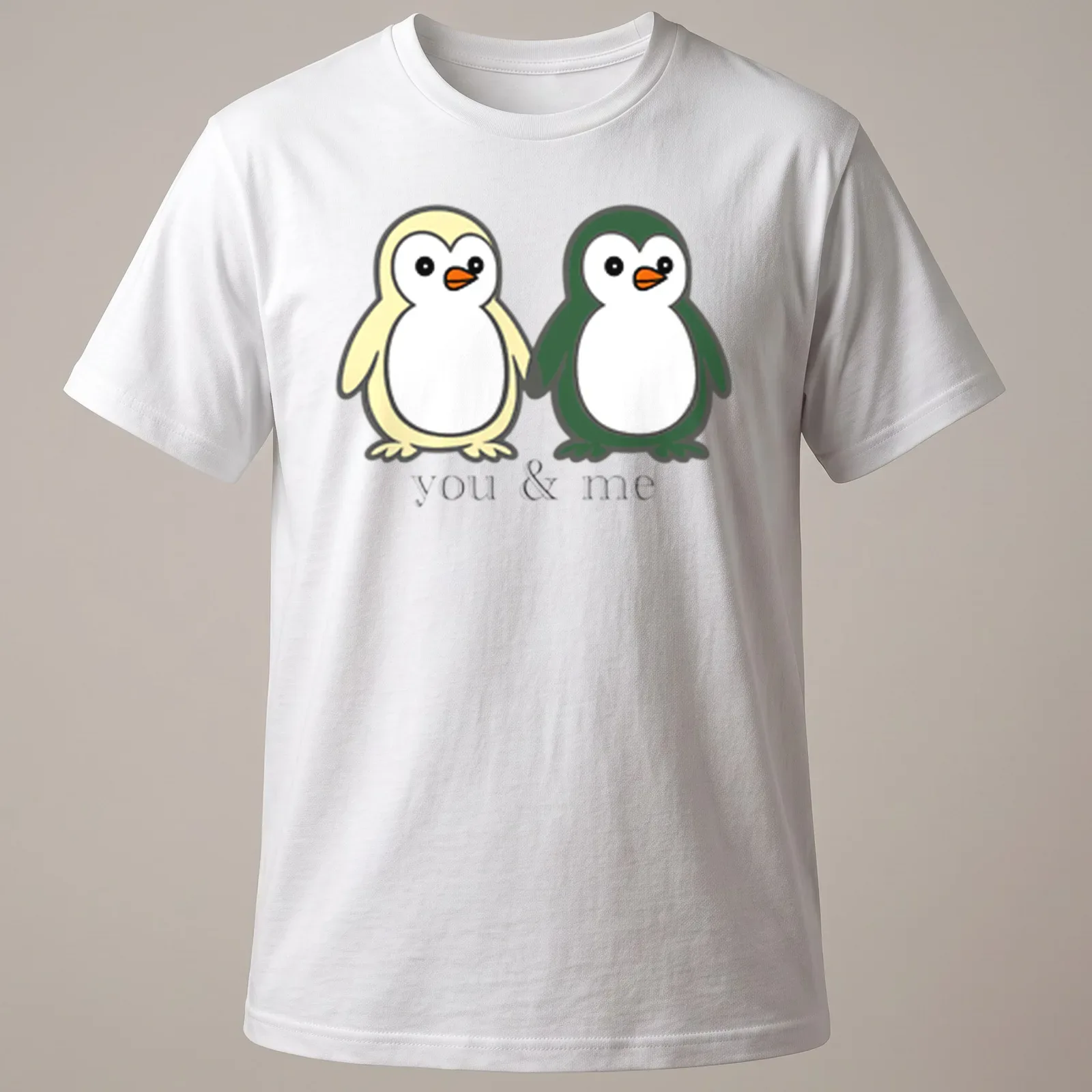 Cute cartoon of two penguins holding flippers with text above. — printed on a unisex t-shirt