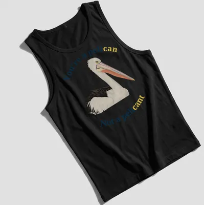 Illustrative design featuring a pelican with humorous text about being a pelican, not a pelicant. — printed on a tank top